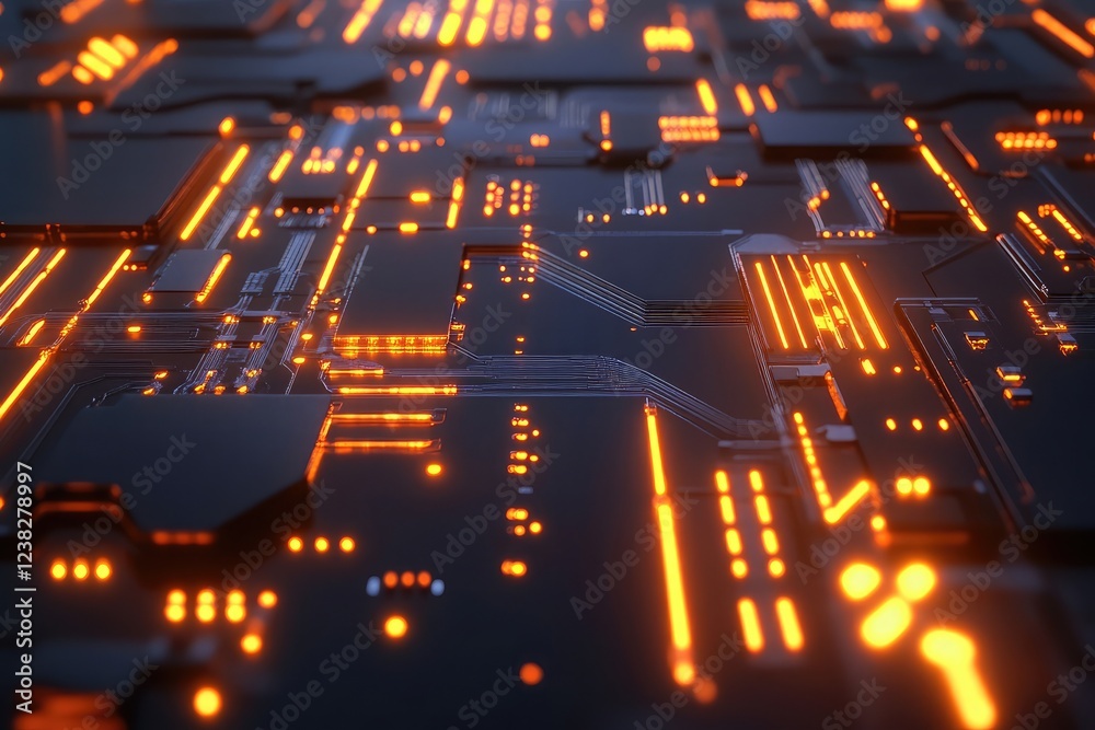 Poster close-up of glowing circuit patterns within a high-tech computer chip, representing technological pr