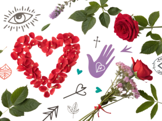 Colorful Abstract Floral Elements, Heart-Shaped Floral Arrangement, Mystical Eye Symbol – Digital Illustration, Modern Art