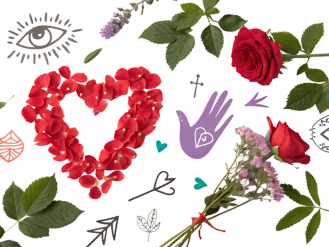 Colorful Abstract Floral Elements, Heart-Shaped Floral Arrangement, Mystical Eye Symbol – Digital Illustration, Modern Art