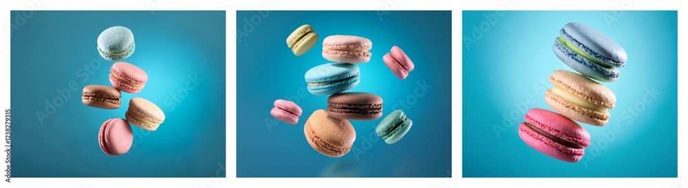 Poster Colorful macarons float against a vibrant blue backdrop, showcasing a delightful array of pastel hues and textures.  The image is divided into three sections.
