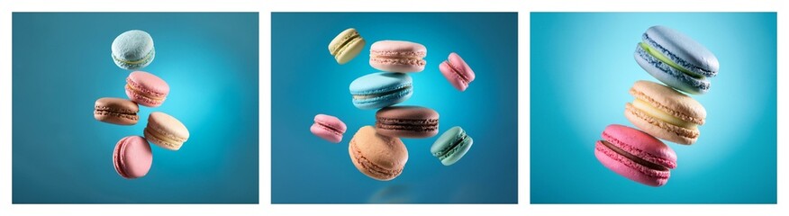 Obraz premium Colorful macarons float against a vibrant blue backdrop, showcasing a delightful array of pastel hues and textures. The image is divided into three sections.