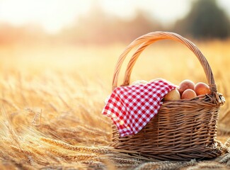 Photograph of a picnic basket with a red and white checkered cloth inside, placed on an empty wooden table against the backdrop of golden wheat fields during autumn. 
