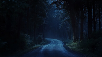 Obraz premium A road winding through a dark forest.