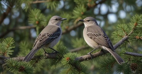 Northern mockingbird resting on a loblolly pine branch, loblolly pine, wildlife refuge