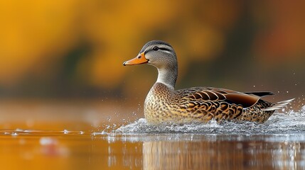 Fototapeta premium Female Mallard Duck Swimming in Autumn Water