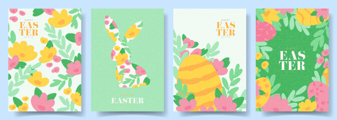 Collection of Easter holiday cards. Happy Easter vector illustration with Easter eggs, spring plants, banny. Set of holiday posters for design of party, celebration, ad, branding, cover, sale, flyer.