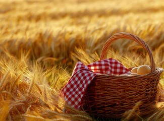 Photograph of a picnic basket with a red and white checkered cloth inside, placed on an empty wooden table against the backdrop of golden wheat fields during autumn. 