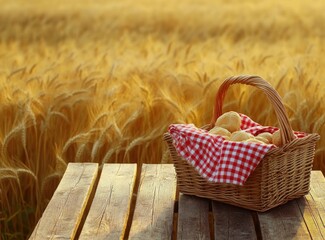 Photograph of a picnic basket with a red and white checkered cloth inside, placed on an empty wooden table against the backdrop of golden wheat fields during autumn. 