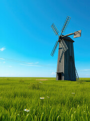 Old wooden windmill in rural field with clear blue sky, serene, field, nature, blue sky, rustic