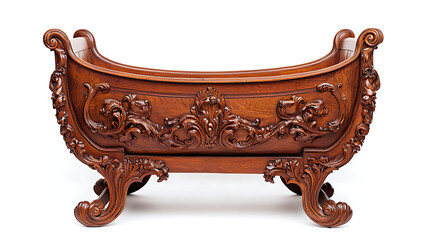 A wooden bed with carved designs on it