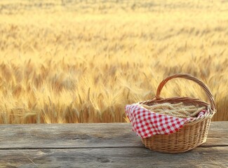 Photograph of a picnic basket with a red and white checkered cloth inside, placed on an empty wooden table against the backdrop of golden wheat fields during autumn. 