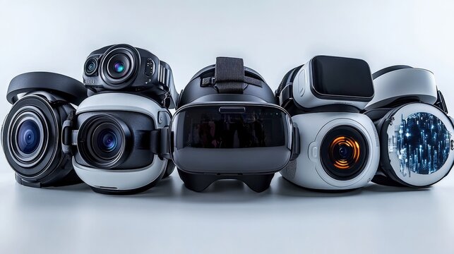 A collection of advanced virtual reality headsets lined up against a minimalist background