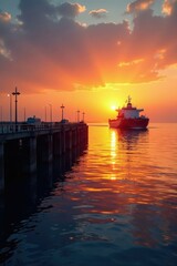 Naklejka premium Jetty and dock in the fading light of sunset with an LPG tanker moored, Sun, LPG, Sea