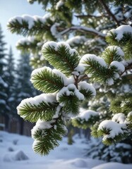 Snow-covered evergreen branch in Christmas season, festive, frosty, evergreen
