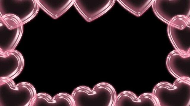 Heart bubble floating frame animated with alpha channel. Pink hearts border motion graphic on transparent background. Valentine, love, romance.