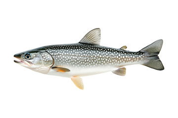 Fototapeta premium Detailed northern pike fish with spotted scales, fins and sharp jaw isolated on white transparent background, concept of aquatic life