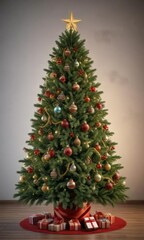 Ornamented and decorated evergreen fir Christmas tree, ornate decorations, mistletoe, greenery