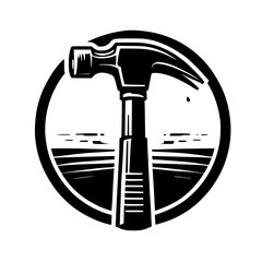 Hammer Icon: Construction, Industry, DIY, Repair, Vintage Tool Symbol. Black and white graphic design, perfect for logo or illustration.