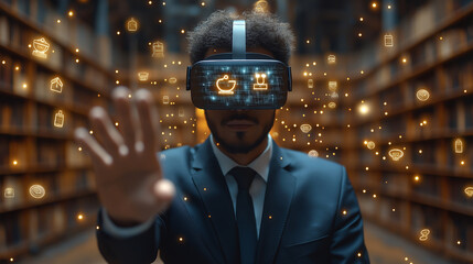 Illustration of an executive in a suit wearing VR glasses with a holographic icon in front of him, checking technology data.