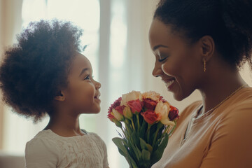 African American mother and daughter holding vibrant flowers, smiling warmly, symbolizing family love, connection, and celebration, perfect for motherhood, holiday greetings, and family-themed designs