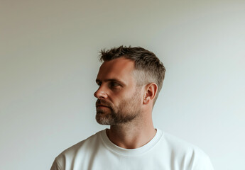 Fototapeta premium Portrait of a man in a white sweater against a neutral minimalist background, stylish and modern look 