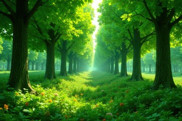 Obraz premium lush green foliage netting rows of tall trees, trees, foliage, flowers