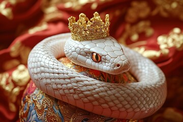 Along with the auspicious day of the New Year, a white snake with its own colorful scales wraps around a golden-crowned ball to celebrate the New Year.
