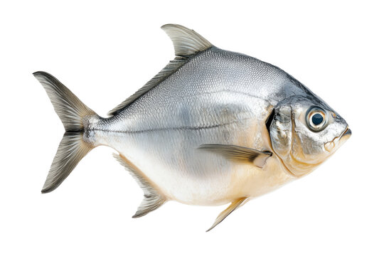 A silver Pomfret fish with striking details of fins and scales isolated on white Transparent background. Represents aquatic life and marine biology