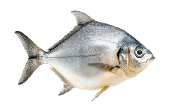 A silver Pomfret fish with striking details of fins and scales isolated on white Transparent background. Represents aquatic life and marine biology