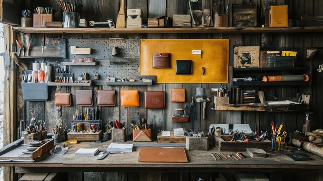 Artisan leather workshop with neatly arranged tools, handmade wallets, and branding elements, classic craftsmanship concept.