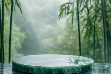 Jade Platform in Misty Bamboo Forest, Natural Zen Product Showcase Background  