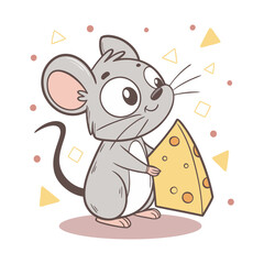 Cute Cartoon Mouse Holding Cheese.