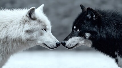 Obraz premium Two wolves, one white and one black, facing each other in a striking close-up.