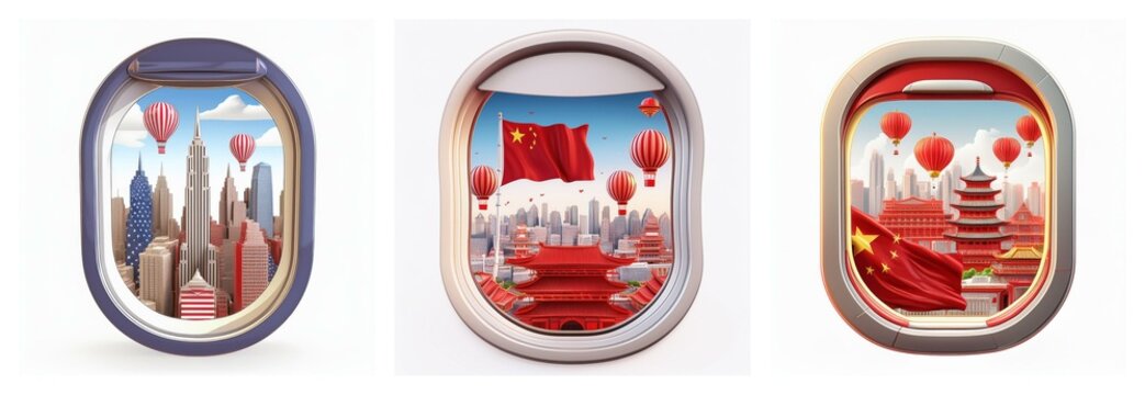 Three airplane window views showcase stylized cityscapes with hot air balloons; one features a modern city, another a city with a flag and red carpet, and the third a city with a pagoda.