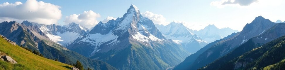 Fototapeta premium Majestic Swiss Alps rising from the valley floor, rugged terrain, alps