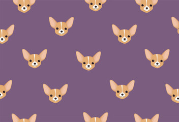 Cute and funny pattern with Chihuahua faces on a purple background. Ideal for baby products, textiles, wallpaper, wrapping paper and also for lovers of these little dogs. 