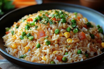 Colorful vegetable fried rice served in a bowl with fresh herbs and vibrant ingredients ready to be enjoyed at a lunch gathering