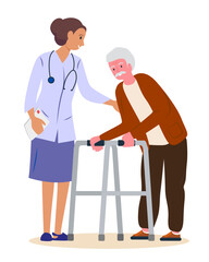 Nurse helps a grandfather with a walker. An old infirm man with a walker and a doctor. Flat vector.