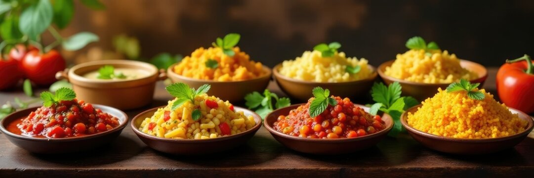 Mesa de buffet con diferentes tipos de comida, salsas, mesa,