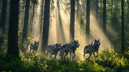 fierce wolves running across bright sunlit woods image