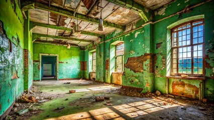 Naklejka premium Abandoned Urban Building Interior, Green Paper Background - Urban Exploration Photography