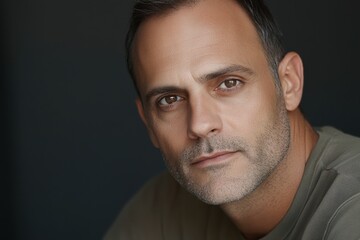 Obraz premium Close-up portrait of a man with intense gaze and a neutral expression captured indoors in soft lighting