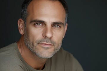 Obraz premium Mature man with a confident expression poses against a dark background in a casual outfit during a portrait session capturing his personality