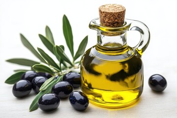 Olive oil in a glass bottle alongside fresh olives and olive leaves on a wooden surface