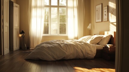 41.A cozy bedroom with a neatly made bed, featuring soft linens and fluffy pillows, creating a peaceful and inviting atmosphere. The bed is framed by soft, ambient lighting from nearby windows,