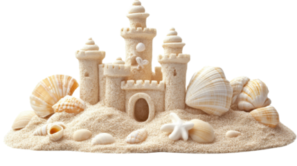 Sandcastle standing on beach with seashells and starfish on transparent background