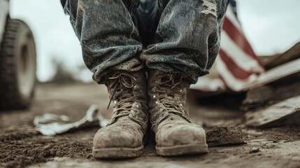 Worn work boots, construction site, USA flag, poverty