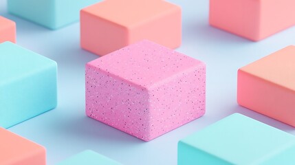 Colorful geometric shapes in pastel hues, featuring a central pink cube on a soft blue background
