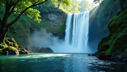 Misty waterfall with a contrasting shower in the background, water, river, peaceful