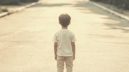 Young boy standing on a path, looking ahead.